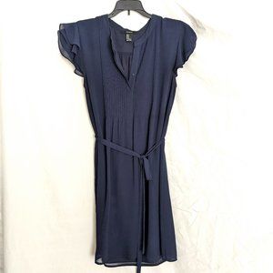 Navy Pintuck Design Tie Waist Dress